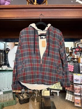 L.L. Bean Red and Gray Plaid Sherpa-Lined Hooded Jacket